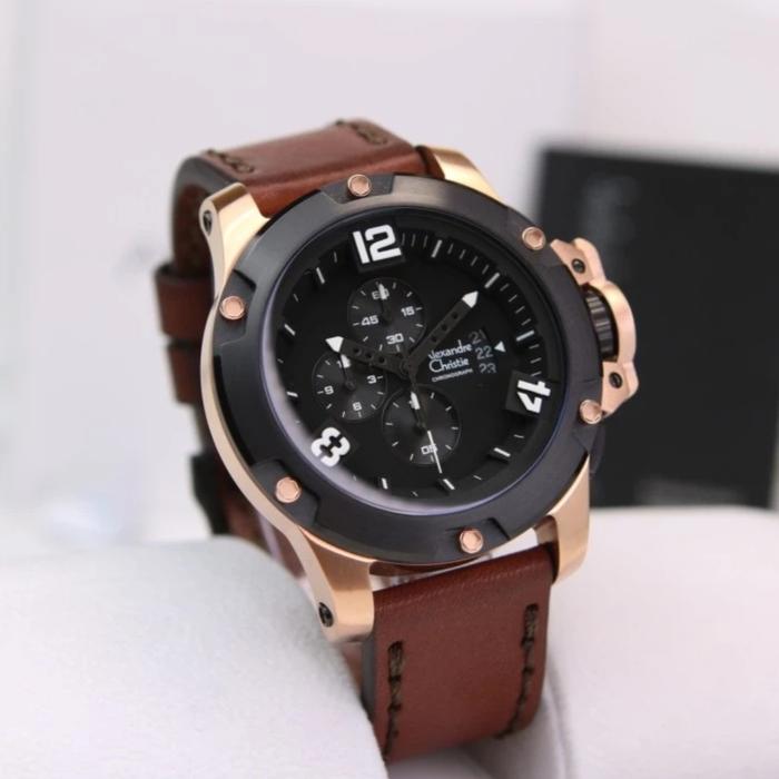 Alexandre Christie AC 6295 Black Rosegold Pria Kulit ORIGINAL