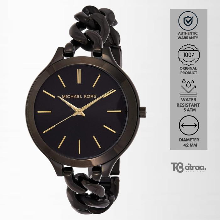 Jam Tangan Wanita Michael Kors Runway Slim Black Stainless Steel Mewah Original MK3317