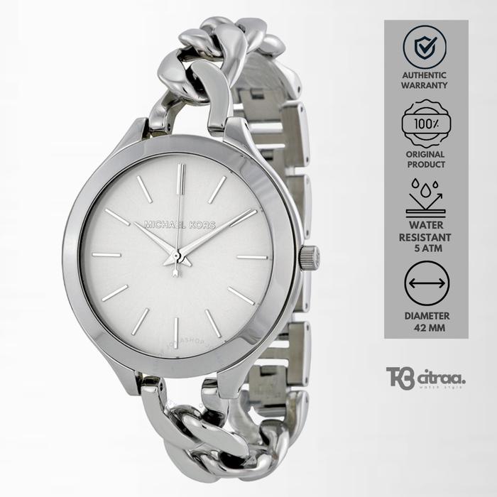 Jam Tangan Wanita Michael Kors Runway Slim Silver Stainless Steel Mewah Original MK3279