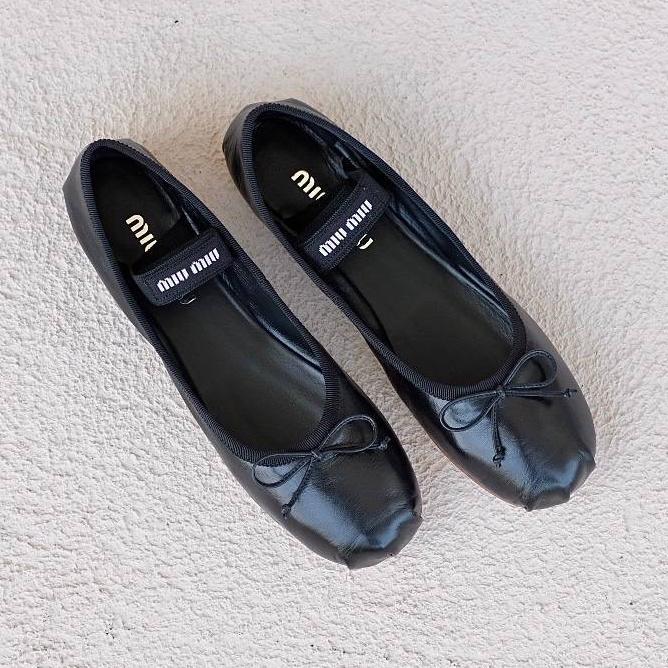 MIUMIU Miu Miu Mary Jane Logo Ballerina Flats in Black Leather