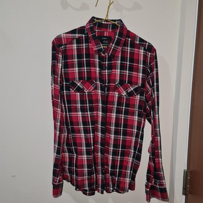 Bossini Contemporary Fit Merah Checkered Kemeja Lengan Panjang Pria
