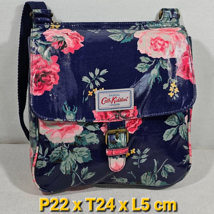 Cath Kidston original London shoulder sling bag crossbody cotton coated kanvas motif flower navy blu