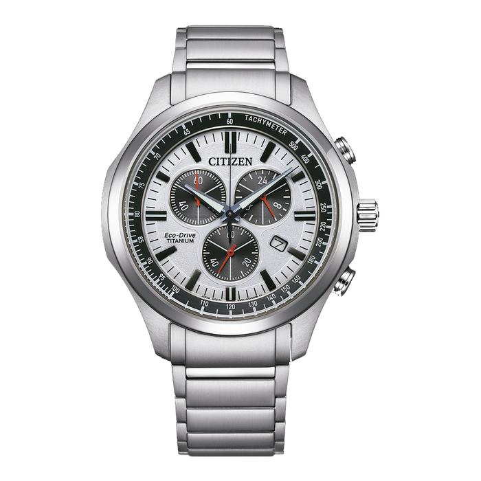 Jam Tangan CITIZEN Eco-Drive Pria Original CTZ AT2530-85A Chronograph White Dial Titanium Strap