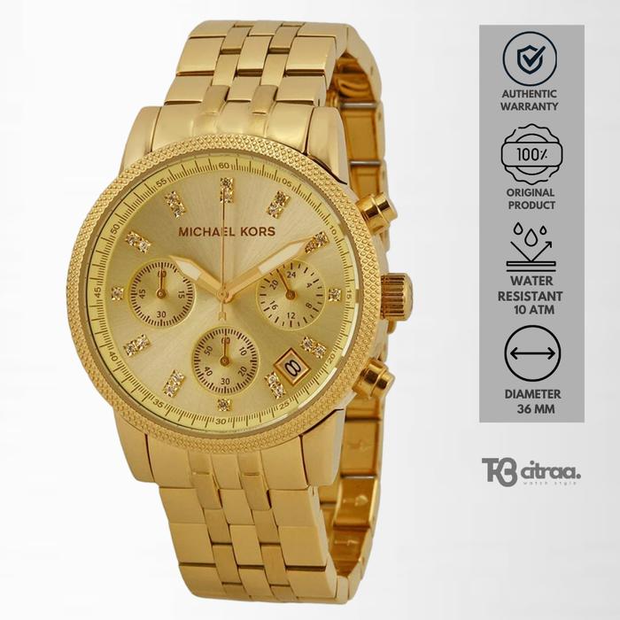 Jam Tangan Wanita Michael Kors Chronograph Gold Stainless Steel Mewah Original MK5676