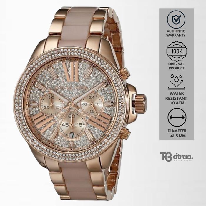 Jam Tangan Wanita Michael Kors Chronograph Rose Gold Stainless Steel Mewah Original MK6096