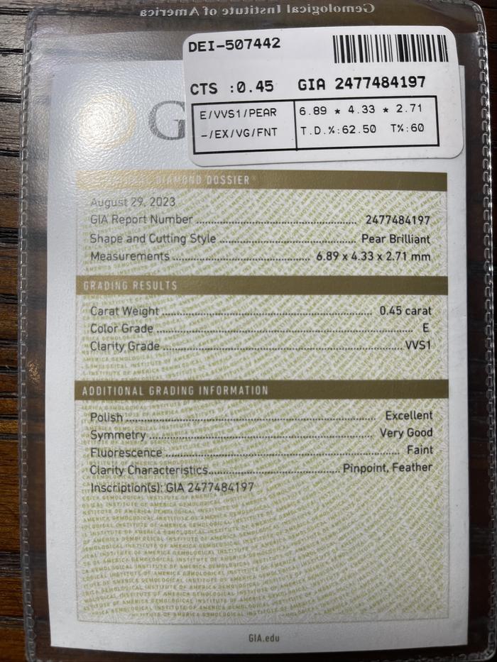 GIA Berlian diamond, liontin Pear Shape 0,45 Ct E VVS1 EXVG