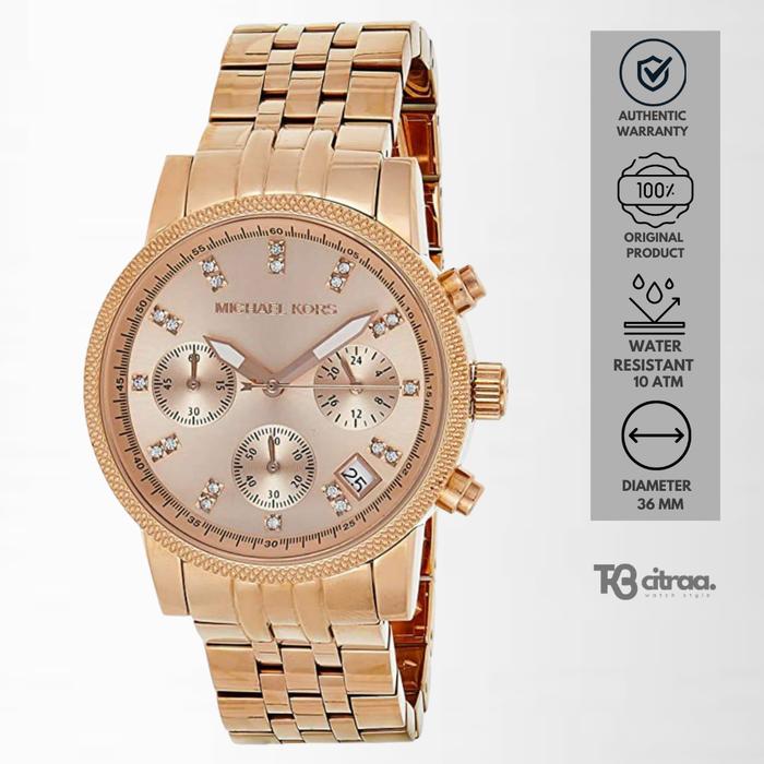 Jam Tangan Wanita Michael Kors Chronograph Rose Gold Stainless Steel Mewah Original MK6077