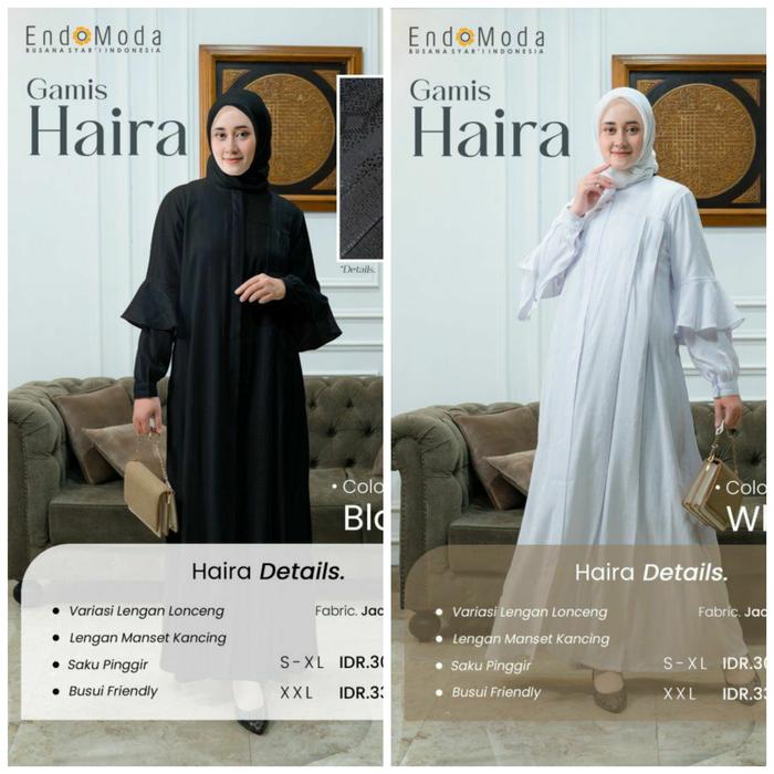 baju gamis wanita muslim haji dan umroh putih hitam polos dress muslimah haira endomoda