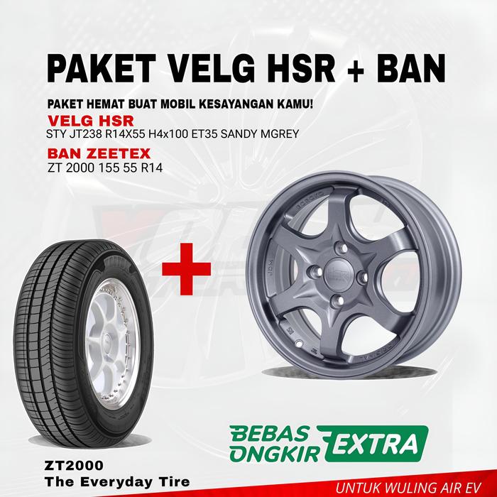 Paket Velg + Ban R14 Wuling Air Ev STY JT238 HSR R14x55 SANDY MATT GREY + ZEETEX ZT 2000 155 55 R14 
