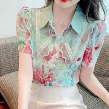KS 7322 Baju atasan blouse kemeja hem wanita lace collar shirt sifon ld104 fit xl motif lining premi