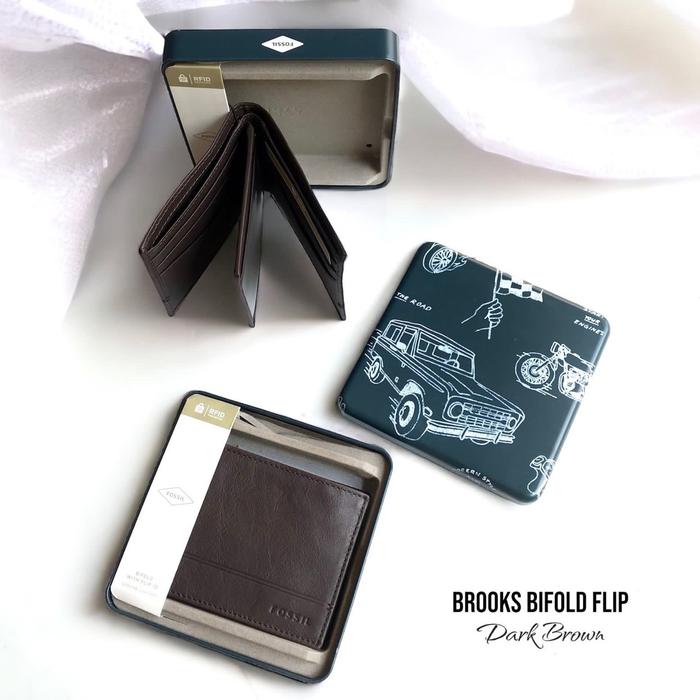 dompet pria fossil brooks flip id bifold wallet dark brown jb