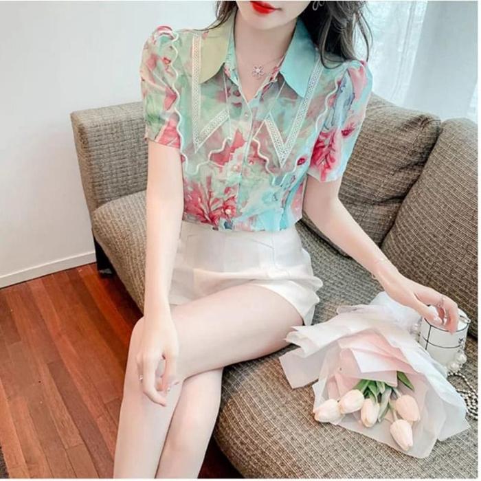 BL 7322 Baju atasan blouse kemeja hem wanita lace collar shirt sifon ld104 fit xl motif lining premi