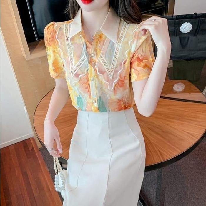 FS 7322 Baju atasan blouse kemeja hem wanita lace collar shirt sifon ld104 fit xl motif lining premi