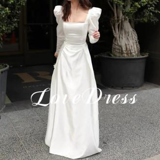 GAUN PENGANTIN  KOREAN SIMPLE  WEDDING / GAUN SATIN POLOS  ANGGUN PUTIH / GAUN LENGAN PANJANG
