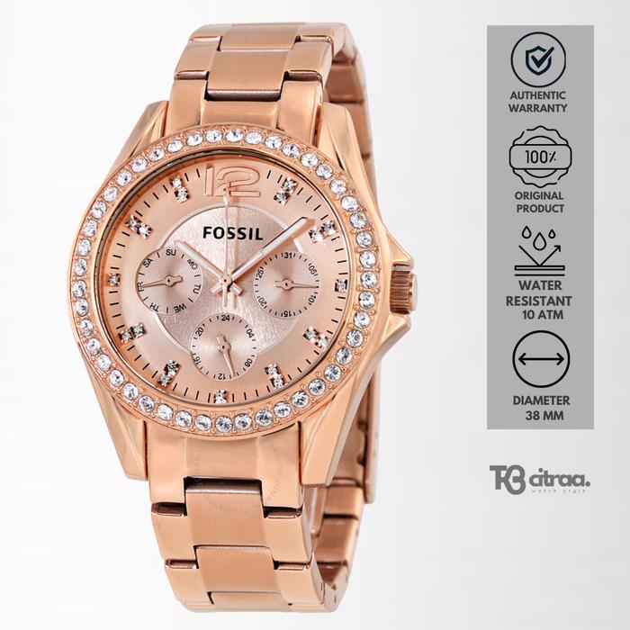 Jam Tangan Wanita Fossil Riley Chronograph Rose Gold Stainless Steel Mewah Original ES2811