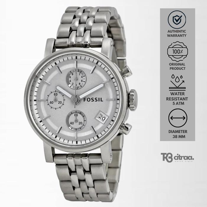 Jam Tangan Wanita Fossil Boyfriend Chronograph Silver Stainless Steel Mewah Original ES2198
