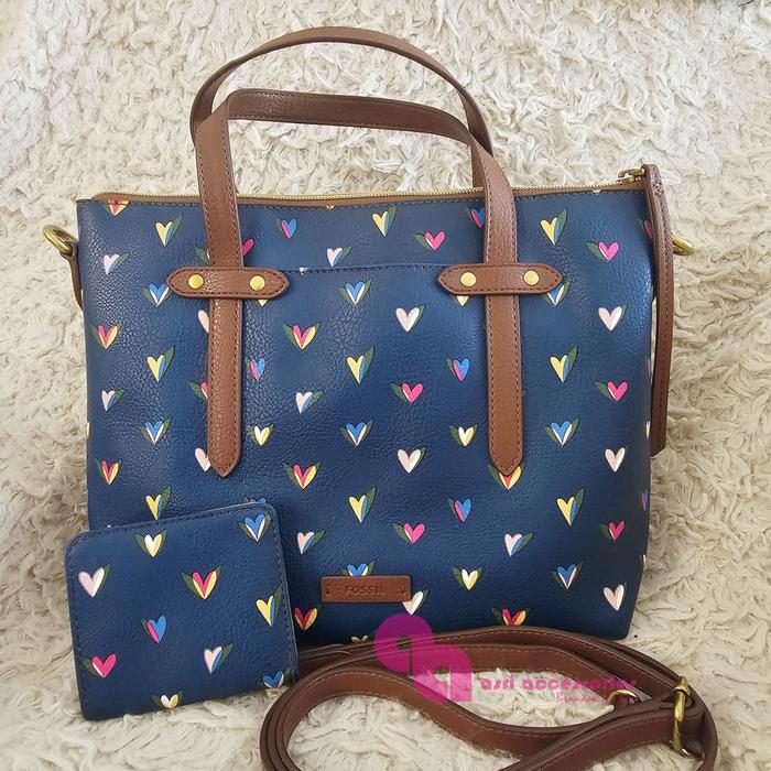 VGC Fossil Felicity Satchel Crossbody Sling Bag Leather Heart Navy & Mini Wallet Set