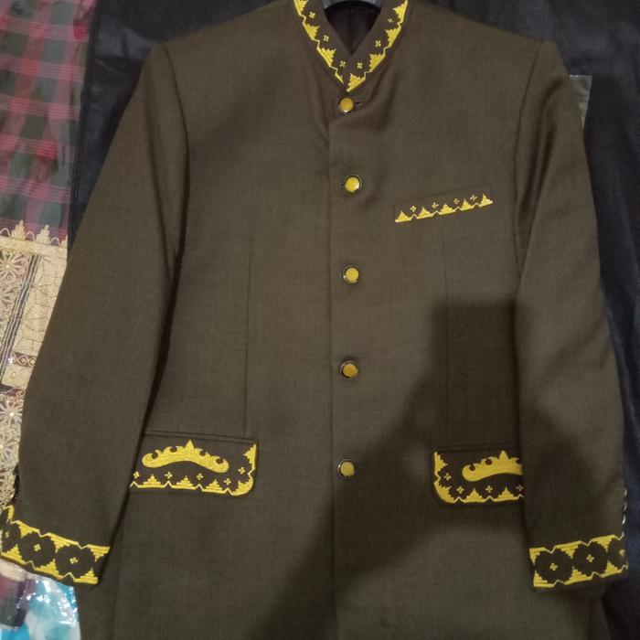 Jas Tutup Bordir Khas Lampung + Celana Dan Kain Sarung Tapis Benang Emas Asli Sulam Tangan (Set Paka