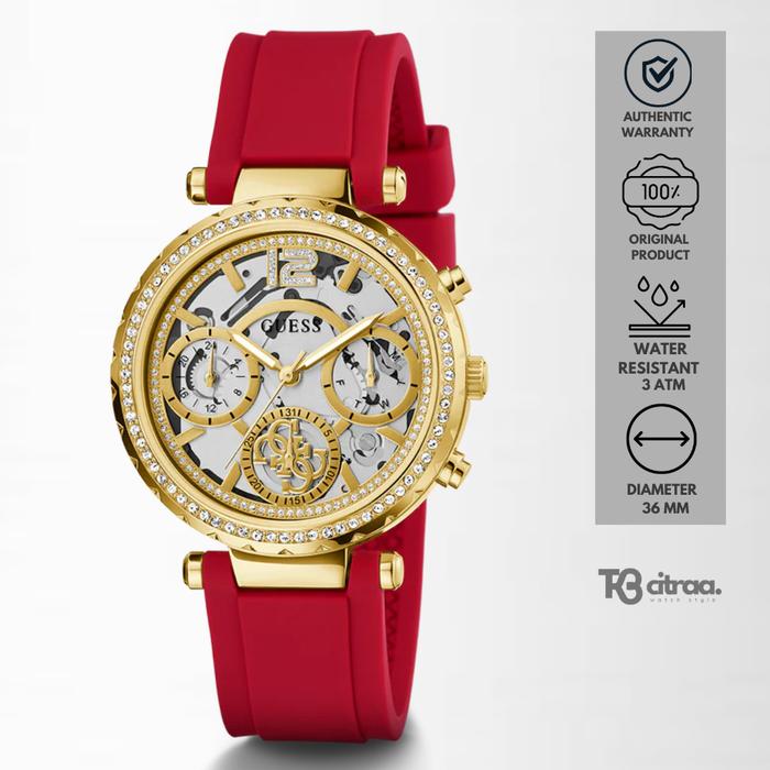 Jam Tangan Wanita Guess Solstice Chronograph Red Rubber Gold Dial Mewah Casual Original GW0484L1