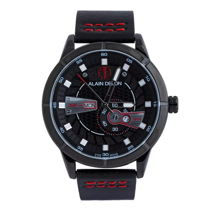 JAM TANGAN ALAIN DELON AD448-1735 AD 448 AD448 MEN ANALOG QUARTZ MOVEMENT BLACK DIAL LEATHER BLACK S