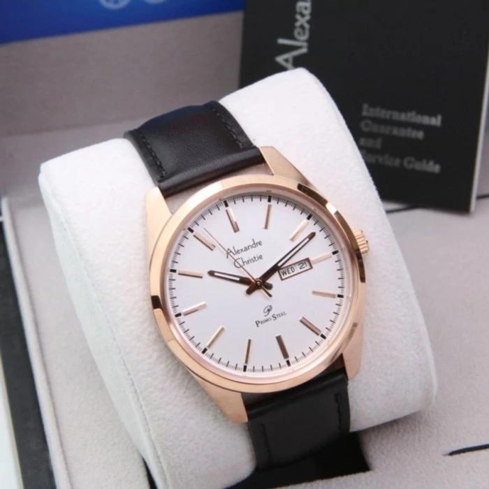 jam tangan pria original alexandre christie AC1025ME  ROSEGOLD LEATHER STRAP