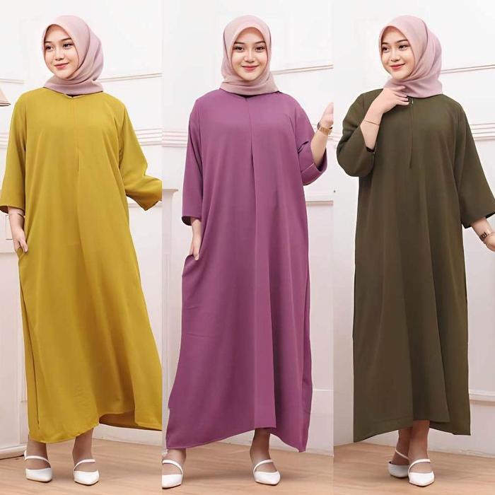 Dress Daster Tunik Crinkle Airflow Polos Busui Lengan 3/4 Baju Gamis Panjang Santai Harian Rumahan W