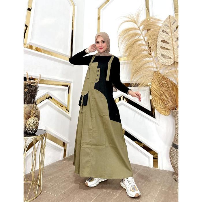 Jinny Overall Cargo Jumpsuit Wanita Terbaru Bahan Katun Import Panjang Maxi Dress Muslim Kekinian