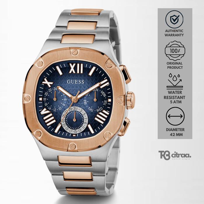 Jam Tangan Pria Guess Headline Chronograph Stainless Steel Silver Rose Gold Sporty Mewah Original GW