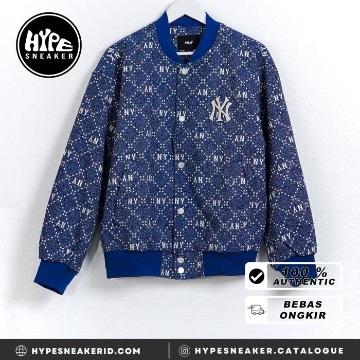 Jaket MLB NY MONOGRAM WHITE BLUE BOMBER JACKET 100% ORIGINAL
