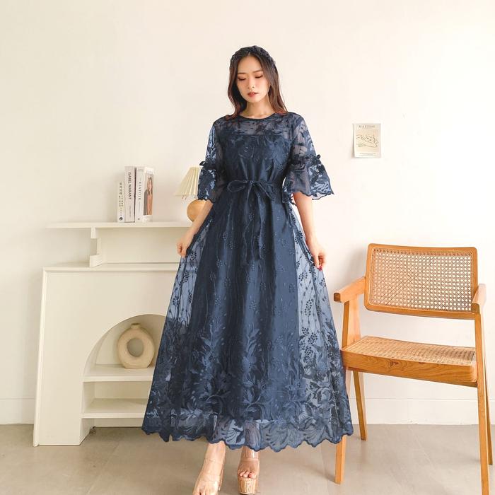 Maxi long dress pesta kondangan wanita lengan pendek Danila bahan brukat