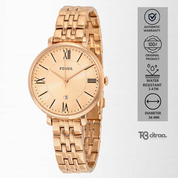 Jam Tangan Wanita Fossil Jacqueline Stainless Steel Slim Rosegold Casual Original ES3435