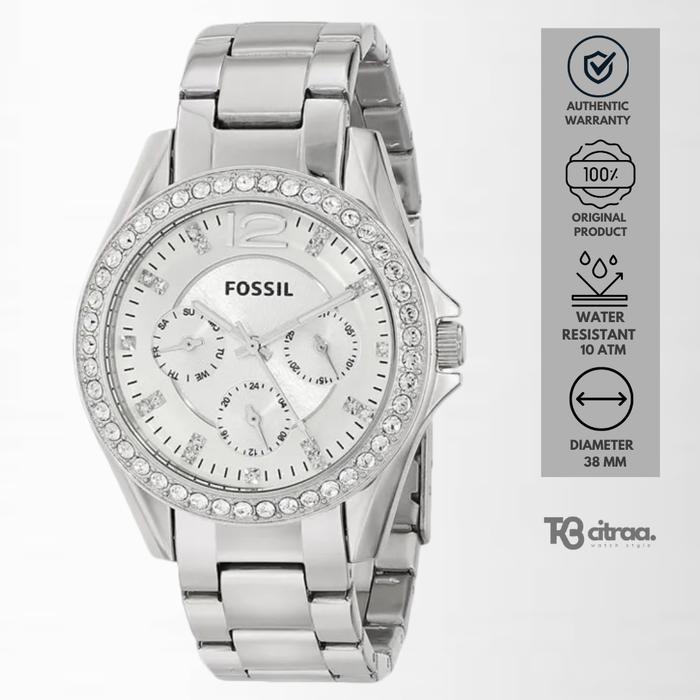 Jam Tangan Wanita Fossil Riley Chronograph Silver Stainless Steel Mewah Original ES3202