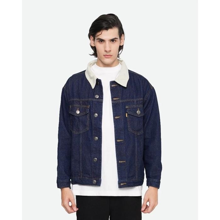 [PRELOVED]Jaket Pria/Wanita Kerah Erigo Denim Jeans Jacket  Corduroy Collar Lien Dark Blue/ Biru Tua