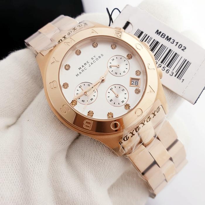 Jam Tangan Wanita MJ Bl*de MBM3102 Chronograph White Dial Rosegold Steel