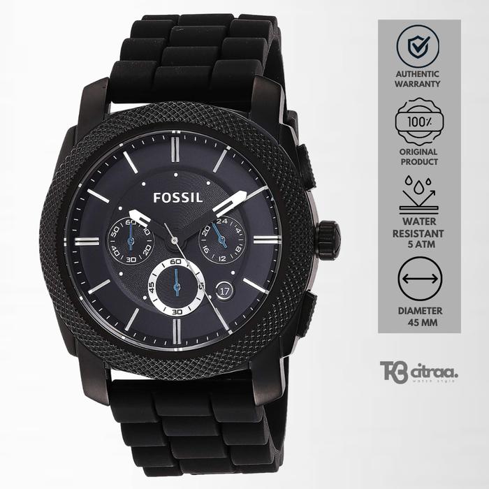 Jam Tangan Pria Fossil Machine Chronograph Black Rubber Silicone Sporty Casual Original FS4487