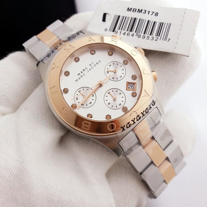 Jam Tangan Wanita MJ Bl*de MBM3178 Chronograph White Dial Rosegold Combi Silver Steel