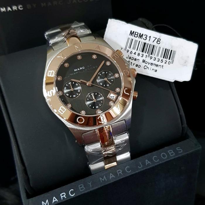 Jam Tangan Wanita MJ Bl*de MBM3178 Chronograph Black Dial Rosegold Combi Silver Steel
