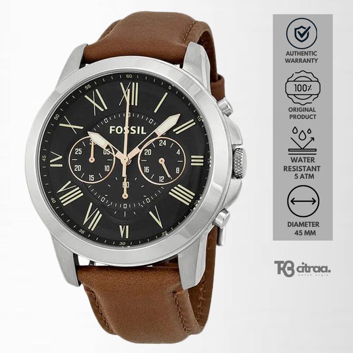 Jam Tangan Pria Fossil Grant Chronograph Brown Leather Black Dial Casual Original FS4813
