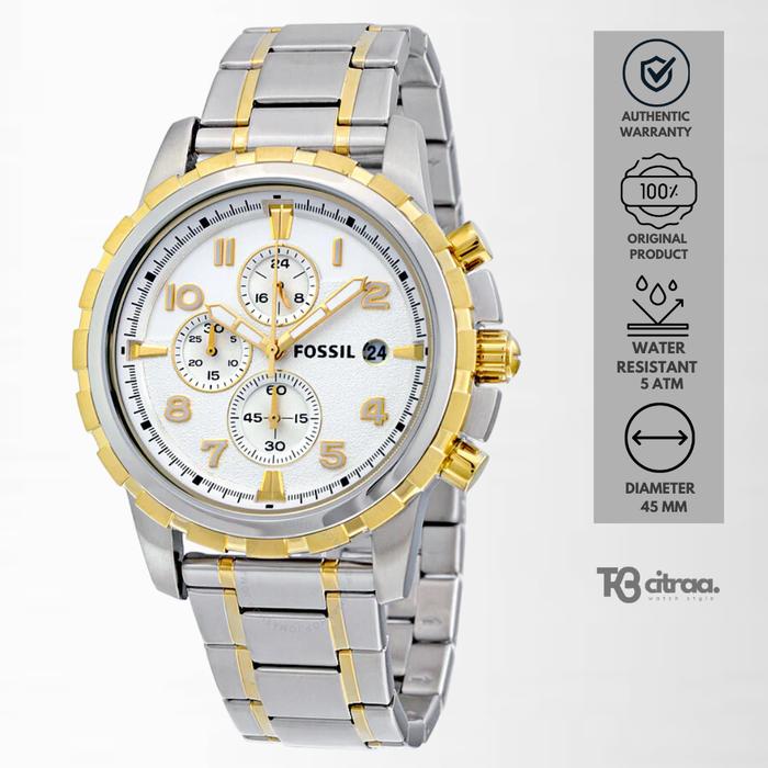 Jam Tangan Pria Fossil Dean Chronograph Silver Gold Stainless Steel Mewah Sporty Original FS4795
