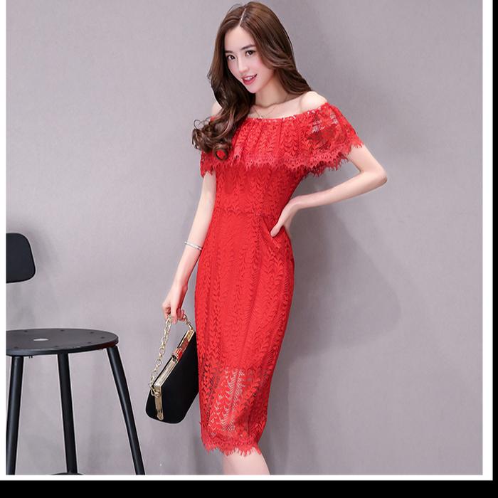 dress brokat merah wanita korea model sabrina D4765