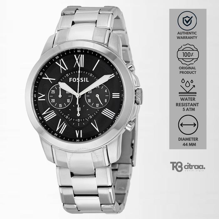 Jam Tangan Pria Fossil Grant Chronograph Silver Stainless Steel Black Dial Mewah Casual Original FS4