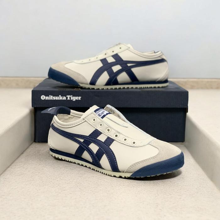 Sepatu Pria Wanita 0nitsuka Tiger Slip On Indian Ink Cream Navy Leather Original