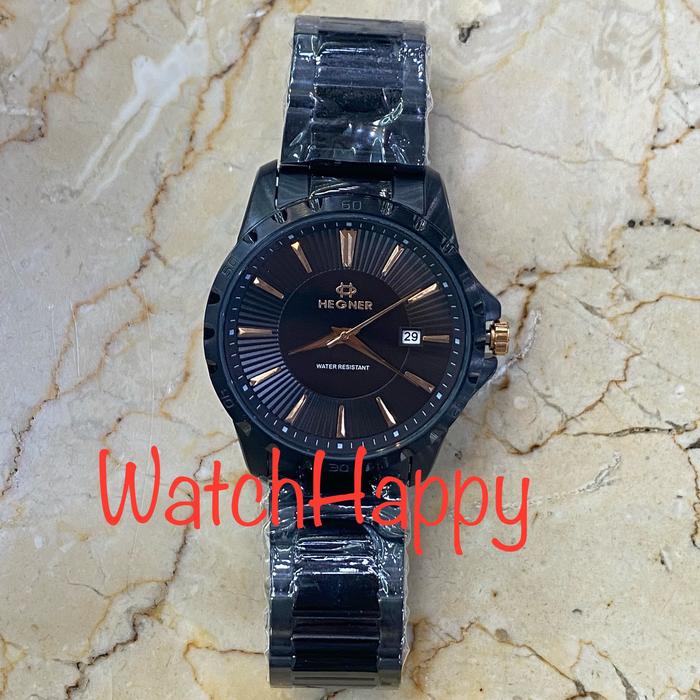 JAM TANGAN HEGNER 1688 HW 1688L HW1688 HW 1688 MEN ANALOG QUARTZ BLACK DIAL STAINLESS BLACK ORIGINAL