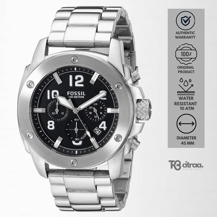 Jam Tangan Pria Fossil Modern Machine Chronograph Silver Stainless Steel Black Dial Sporty Mewah Ori
