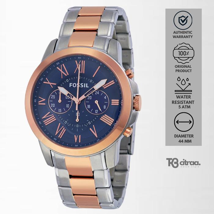 Jam Tangan Pria Fossil Grant Chronograph Silver Rose Gold Stainless Steel Mewah Original FS5024