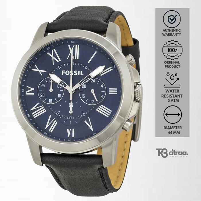 Jam Tangan Pria Fossil Grant Chronograph Kulit Black Dial Blue Casual Original FS4990