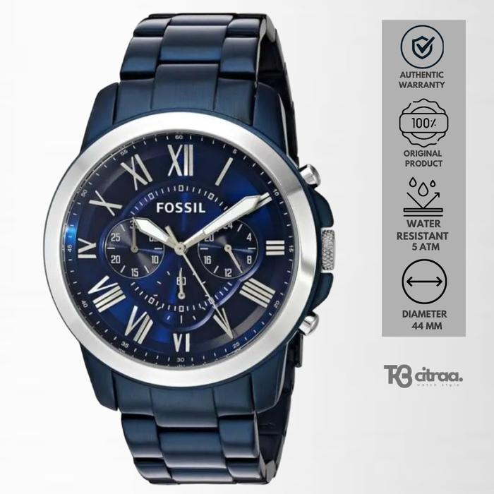 Jam Tangan Pria Fossil Grant Chronograph Blue Stainless Steel Mewah Casual Original FS5230