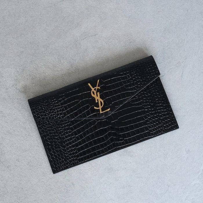 Saint Laurent YSL Uptown Clutch / Pouch Shiny Croco Stamp Black GHW