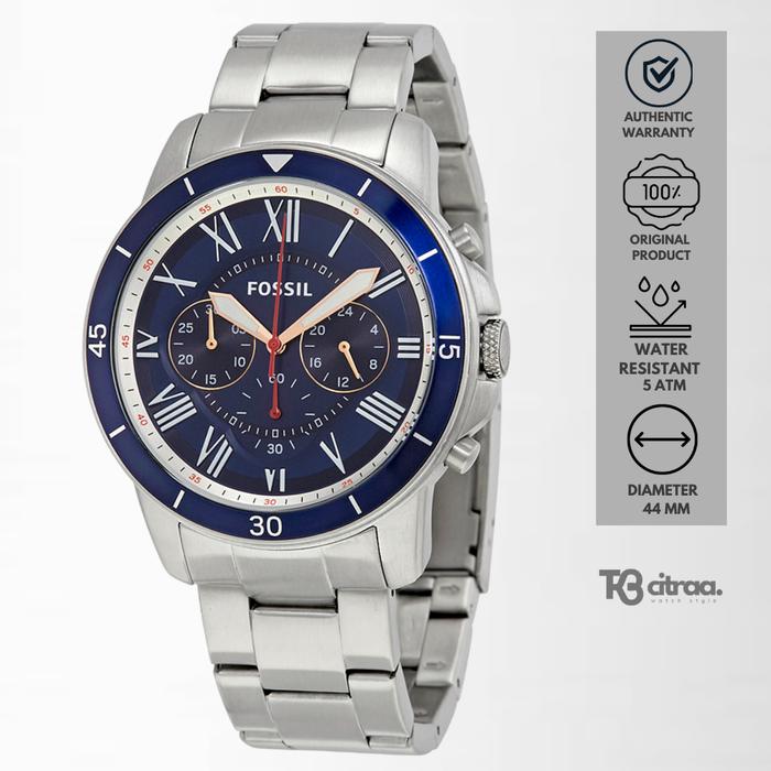 Jam Tangan Pria Fossil Grant Chronograph Silver Stainless Steel Blue Dial Sporty Casual Original FS5