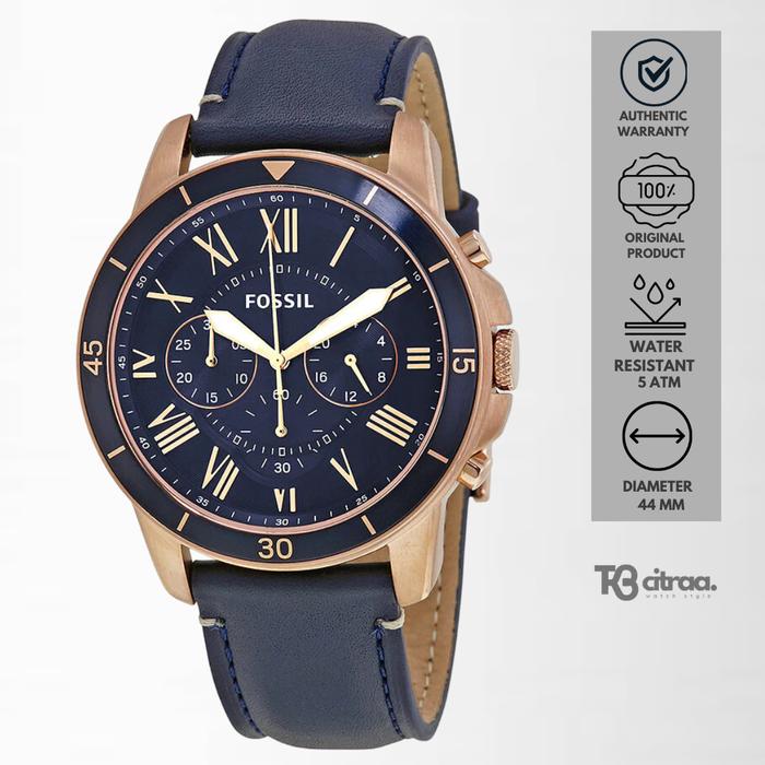 Jam Tangan Pria Fossil Grant Chronograph Kulit Navy Blue Casual Original FS5237